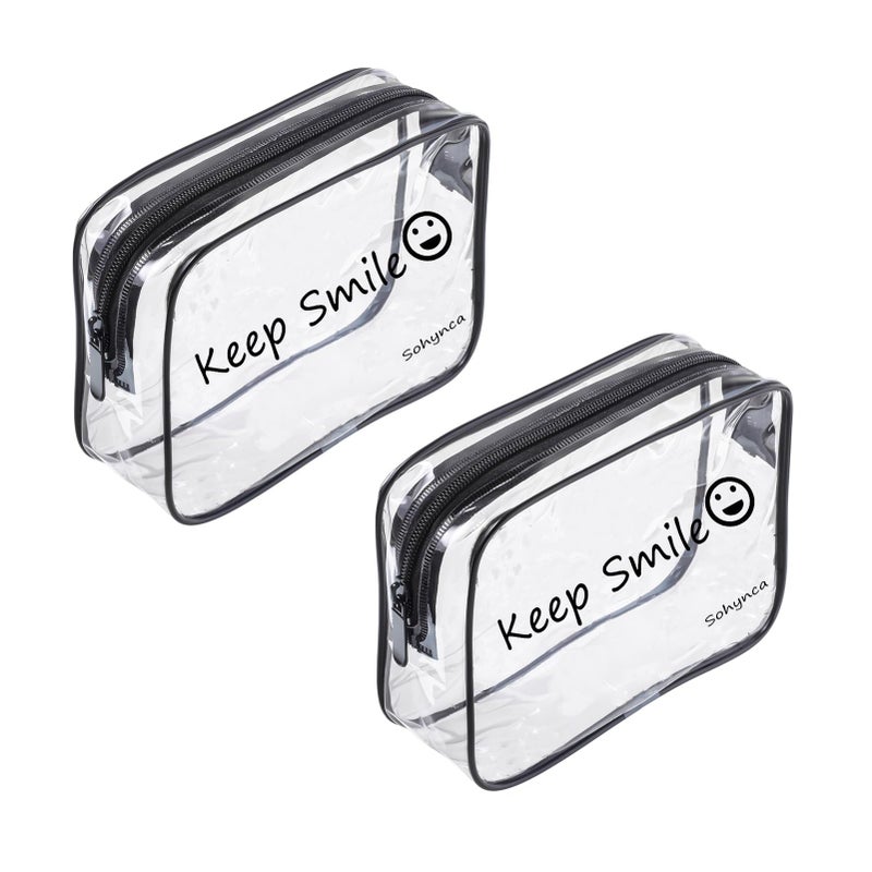 Sohynca 2pcs Clear PVC Toiletry Bag Transparent Waterproof Cosmetic Bag Minimalism Makeup Bag Small neat Cosmetic Pouch Summer Beach Purses Organize (Smile Black) - Image 1